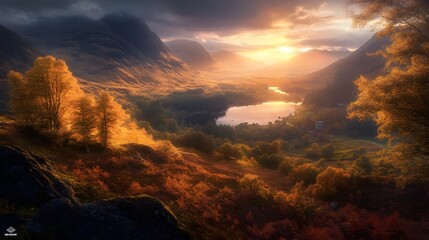 Fototapeta premium Breathtaking sunset over a tranquil valley with autumn foliage and shimmering lake.