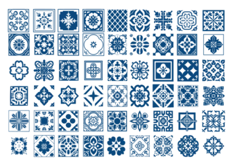 Fototapete Portugal Keramikfliesen Muster  Azulejos tiles ornaments color ink vector set. Floor wall spanish portuguese floral pattern decorative mosaic, vintage frames traditional elements, isolated illustrations on white background  © MicroOne