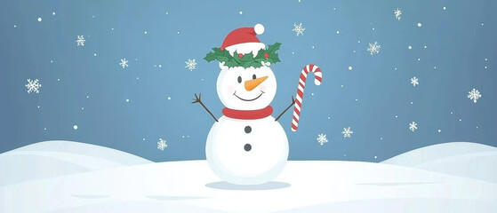 Fototapeta premium A cheerful snowman wearing a Santa hat, adorned with a wreath, holding a candy cane, set against a snowy background.