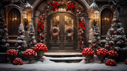 generated illustration of charming house with a decorated front porch for Christmas.