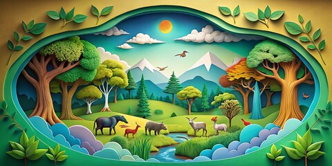 Obraz premium World Environment Day Papercut Style Art with Nature Elements for Sustainable Awareness and Eco-Friendly Celebrations