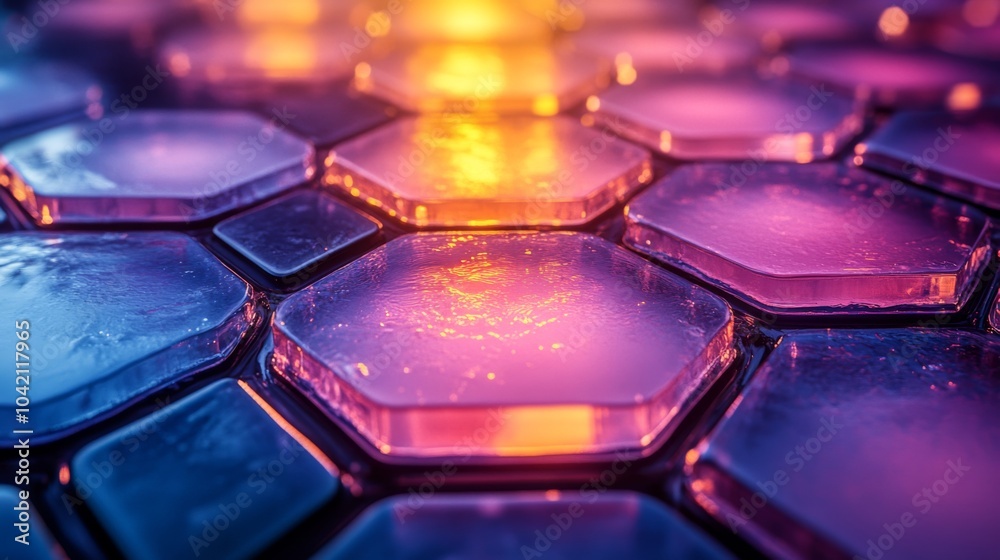 Fototapete Colorful hexagonal glass tiles are illuminated with captivating blue and orange light, creating a mesmerizing pattern that draws attention.