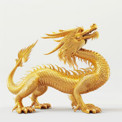 Fototapeta premium A majestic golden dragon with intricate scales and fierce expression isolated on white background, symbolizing power and prosperity in various cultures.