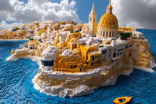 Pixel art of Vallettaâ€™s skyline, with pixelated domes, towers, and colorful Maltese balconies against the Mediterranean backdrop