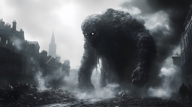 Giant Creature Rising from Urban Ruins at Dusk