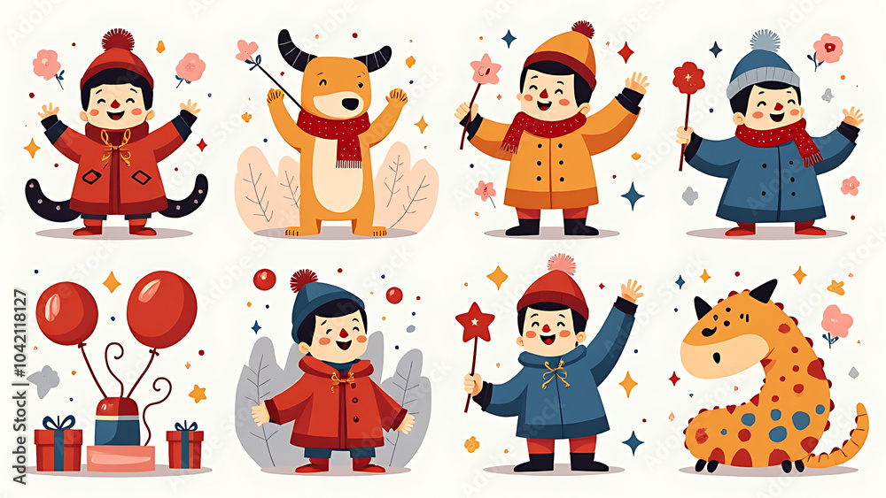 Poster A collection of vibrant and playful New Year's illustrations presented in a modern flat design style to create unique greeting cards.
