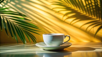 Cup and saucer with shadows of tropical leaves in morning sunlight