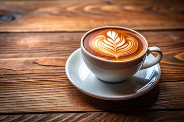 Cup of cappuccino with latte art on wooden table