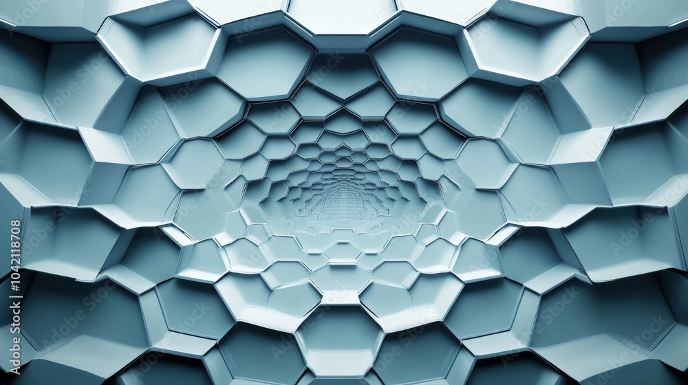Poster A captivating arrangement of hexagons gradually narrows toward the center, forming a striking geometric abstraction that mesmerizes viewers. Generative AI