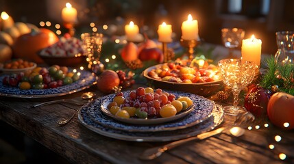 A festive dinner table set with fruit and candles, creating a warm holiday atmosphere.