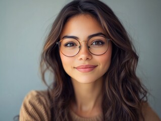 Fototapeta premium Woman in Glasses - Smiling Portrait with Soft Blurred Background