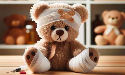Teddybär mit Verband und Pflaster am Kopf nach einem Unfall, copy space