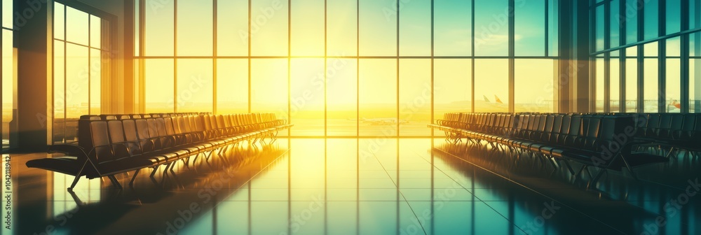 Aufkleber Rows of empty seats are bathed in the golden light of a setting sun, creating a serene atmosphere in this modern airport terminal