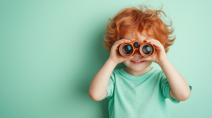 爽やかな緑の背景と双眼鏡を覗く小さな可愛らしい男の子の背景素材
