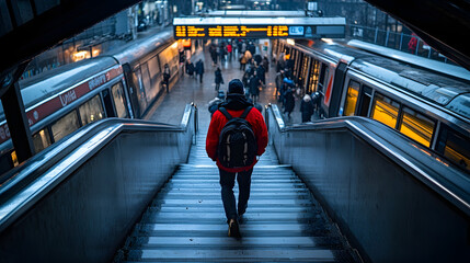 A traveler descends the stairs at a busy urban train station during rush hour