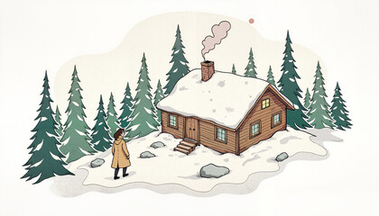 Fototapeta premium Illustrative cozy cabin in snow with a person walking and smoke rising from the chimney