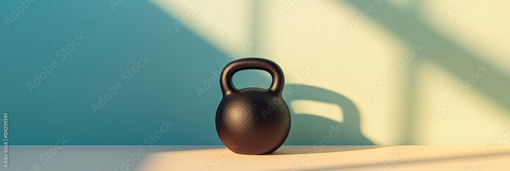 Poster a black kettlebell placed on a light-colored surface, casting a soft shadow in a fitness area illumi