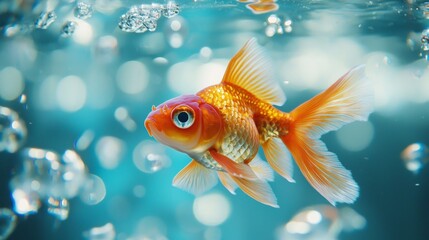 Close-up of a goldfish swimming in clear water with bubbles
