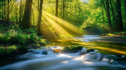 Naklejka premium Sun rays stream through a lush green forest, illuminating a flowing river and mossy rocks.