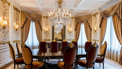 Elegant dining room featuring artistic wallpaper and sleek modern furnishings