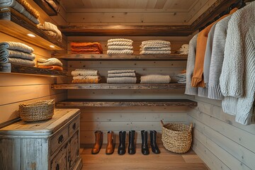 Cozy rustic walk-in closet with wooden shelves and knitted attire
