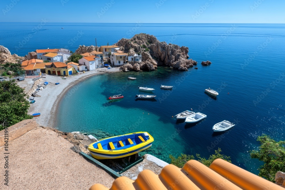 Poster simple minimalist design of the cliffs and popeye village, with clean lines and neutral tones agains