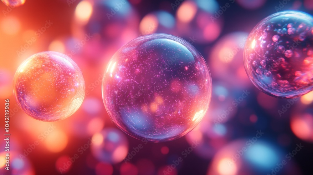 Poster The visual showcases an array of luminous bubbles drifting in a dynamic and colorful space, highlighting an abstract digital art concept filled with energy and light.