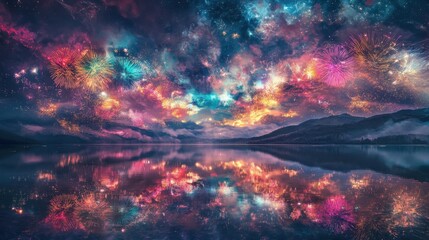 A stunning, detailed display of fireworks in various colors, lighting up the sky above a reflective lake, creating a mirror-like effect.