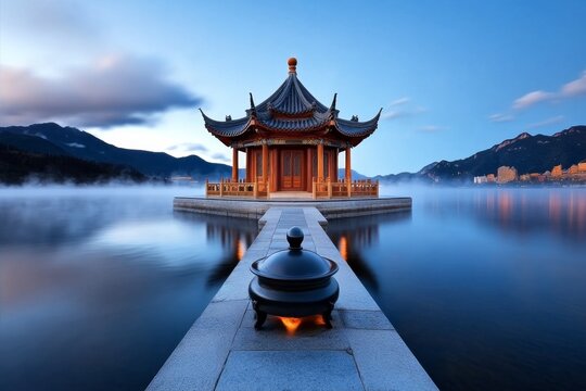 Soft morning mist rising from Kunming Lake, enveloping the pavilions and bridges in a serene, dreamlike atmosphere