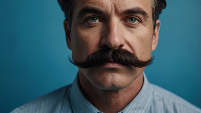 Close up portrait of a handsome older man with a big mustache on a blue background