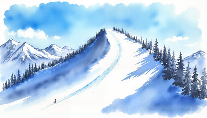 Snowy ski slope with a lone skier under blue sky and mountains illustrated in watercolor style