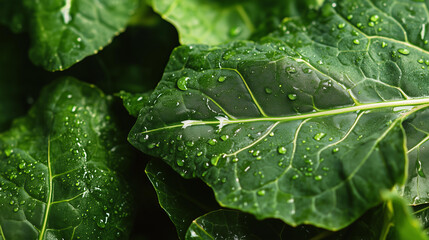 Obraz premium vibrant green leaves and dewdrops on collard greens, symbolizing freshness and health in vegetable cooking.