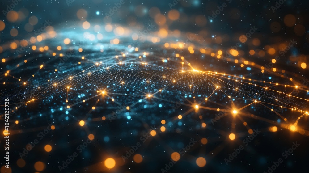 Poster A captivating array of glowing blue and orange dots represents a dynamic network, showcasing the intricate connections in a digital environment, symbolizing technology and data flow.