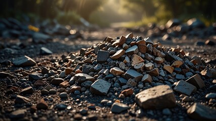 A pile of small rocks and pebbles on a gravel road with sunlight in the background.