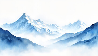 Fototapeta premium Snow-capped mountain range with misty valleys illustrated in soft blue and white tones