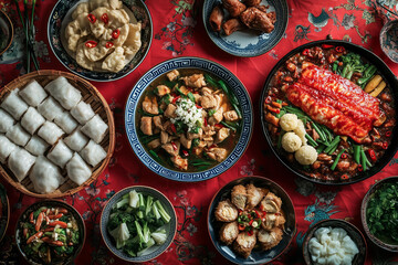 table set with traditional Chinese New Year dishes, including red braised fish and green egg cakes on the right side of the picture, while other items such as white meat rolls and vegetables