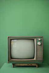 vintage green television set with static on the screen, solid green color background, product photography