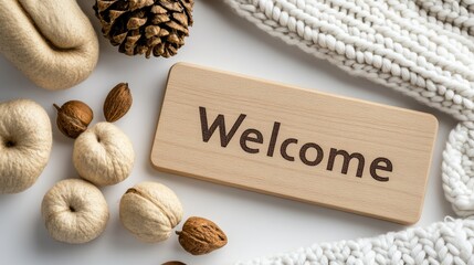 A wooden sign saying welcome rests beside an open knitted blanket and scattered pine cones on soft, white fabric