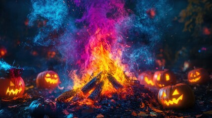 A vibrant Halloween bonfire with multicolored flames, surrounded by glowing jack-o-lanterns and spooky creatures.
