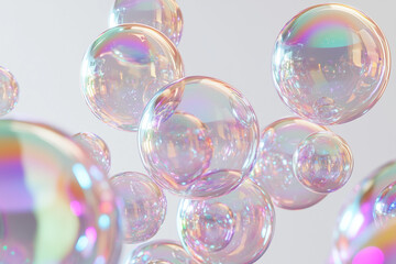 Iridescent, transparent bubbles floating in the air, against a white background, in a futuristic style,
