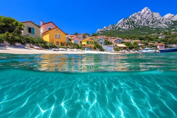 Fototapeta premium View of Popeye Village from the sea, showing the full scope of the village and the surrounding landscape