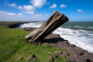Viking village ruins on a windswept shoreline, with remnants of old wooden structures
