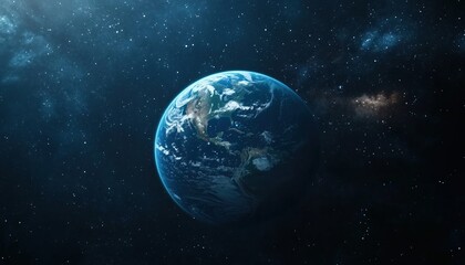 Naklejka premium Stunning Blue Planet Earth With Ocean, Clouds, And Continents Floating In Open Space Against The Starry Sky