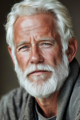 lderly handsome man , with white hair and beard, wearing a casual outfit , and a serious expression. He appears to be around 70 years old, looking slightly to the left with a slight smile on his face