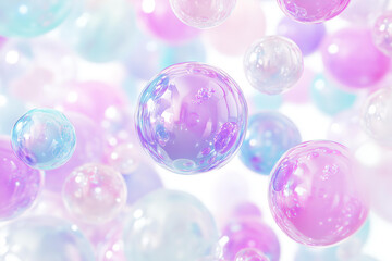 Iridescent, transparent bubbles floating in the air, against a white background, in a futuristic style,