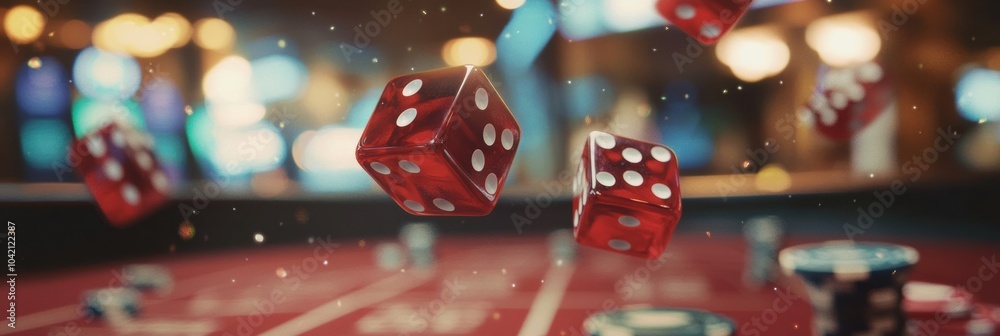 Leinwandbilder Red dice are soaring over a craps table filled with scattered chips, capturing the thrill of the game in a bustling casino. Generative AI