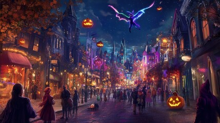 Obraz premium A vibrant Halloween street filled with colorful trick-or-treaters, glowing pumpkins, and neon witches flying overhead.