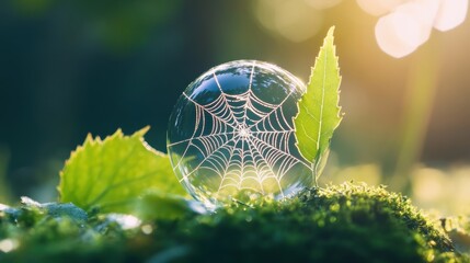 A soap bubble with a delicate spiderweb pattern imprinted on its surface, highlighting the fragility of the film.