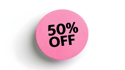 Black '50% OFF' Text on a Pink Round Paper Note. White Background with Copy Space