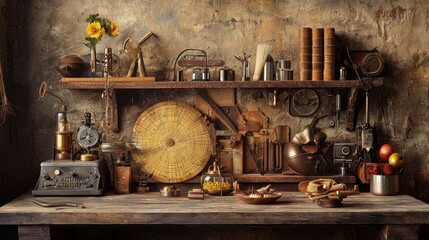 Vintage workbench with tools and objects in a rustic setting